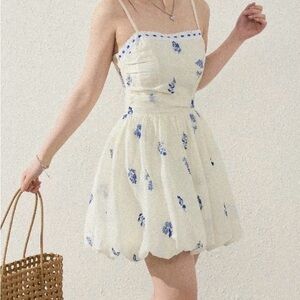 White & Blue Embroidered Mini A-Line Balloon Dress XL Juniors